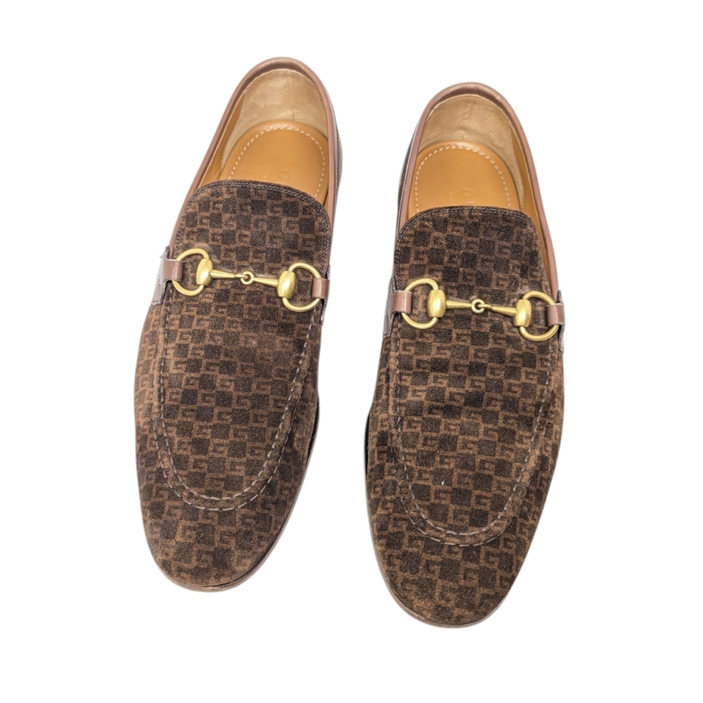 Gucci Unisex Mini G Cube Monogram Horsebit Jordaan Suede Loafers Size 9.5